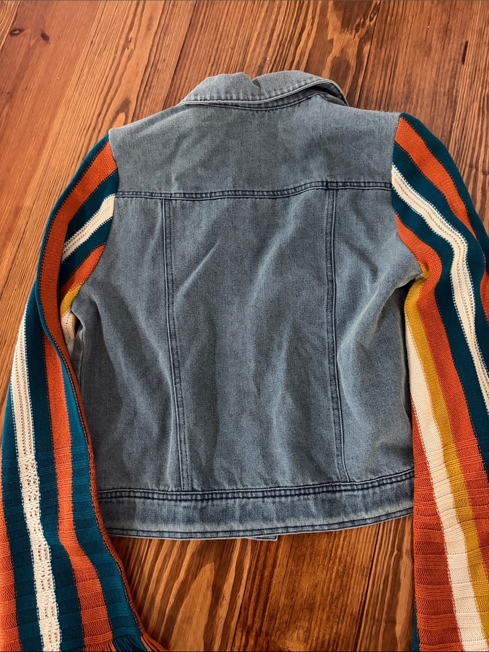 Altar'd State Blue Denim Jacket with Multi-Color Striped knit Bell Sleeves - Picture 4 of 4